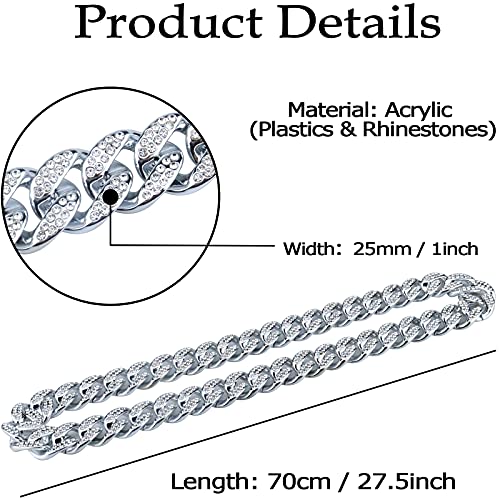 Plastic Shiny CZ Rhinestone Curb Cuban Link Chain Gold Silver Miami Hip Hop Chain Bling Diamond-Cut Chunky Turnover Necklace 80s 90s Costume Accessory for Men Women Unisex - color: Silver