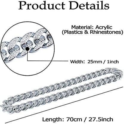 Plastic Shiny CZ Rhinestone Curb Cuban Link Chain Gold Silver Miami Hip Hop Chain Bling Diamond-Cut Chunky Turnover Necklace 80s 90s Costume Accessory for Men Women Unisex - color: Silver