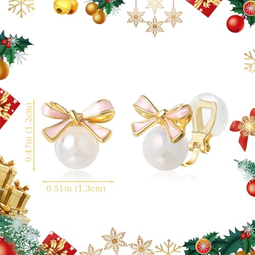 YOQUCOL Golden Bow Clip On Stub,Danle Drop Earrings for Women Simulated Pearl Christmas Xmas Bowknot Non Pierced Earrings - color: Stud Clip-02-Pink