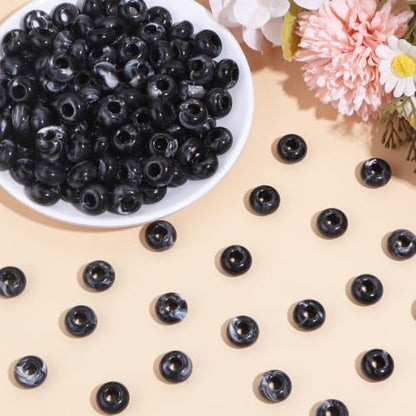 150PCS 14x8mm Black Acrylic European Large Hole Rondelle Spacer Beads with Storage Box, Loose Beads for Bracelet Necklace Earring Hair DIY Jewelry Making - color: Black