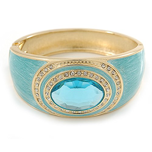 Aqua Blue Enamel Crystal Hinged Bangle Bracelet In Gold Plating - 18cm L