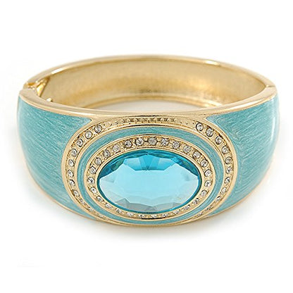 Aqua Blue Enamel Crystal Hinged Bangle Bracelet In Gold Plating - 18cm L