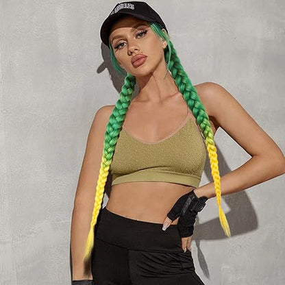 Braided Ponytail Extension 2 Pc Green Yellow Gradient Rave Hair Extensions | Long Braided Ponytail Extension With Hair Tie, Straight Wrap with Braid Ponytail Extension 26 Inch Synthetic Hair Pieces - color: Green Yellow gradient#（Green/Yellow）, size: 26 I