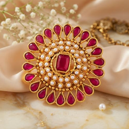 Efulgenz Indian Jewelry Ring Round Faux Pearl Crystal Adjustable Big Finger - color: Dark Pink