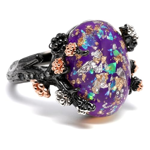 Henrietta Gothic Opal Ring for Women, Fantasy Promise Ring by Ginger Lyne | Simulated White Fire Opal, Cubic Zirconia Black Rose Gold Plated Bold Jewelry Statement Piece For Engagements, Gifts & Events - color: Purple-Gold