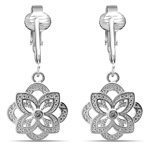 Silver Clip On Earrings For Women, They Look Pierced, Don't Pinch & Won't Fall Off, Hypoallergenic & Lightweight - color: Silver Double Flower