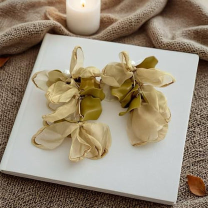 Handmade Bohemian Lightweight Fabric Flower Dangle Drop Earrings Chic Pearl Large Tassel Petal Stud Earrings For Women - color: khaki