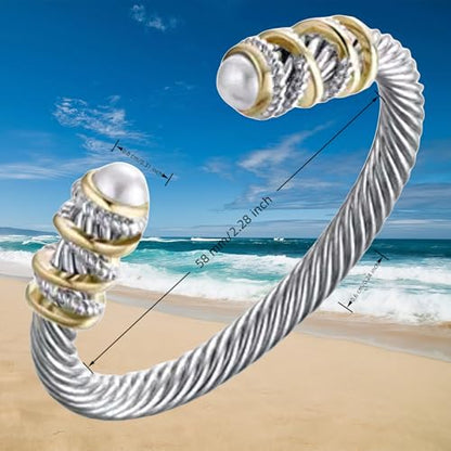 Stainless Steel Twisted Cable Wire Bracelet, Twisted Cable Bracelet with Composite Shell Pearl 6" Cuff Bracelets - color: Silver and Gold