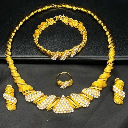 Fashion Crystal Jewelry Set For Women 18 K Gold Plated Jewelry Wedding Bride Dubai Gold Necklace Earrings Bracelet Ring 4 Pieces Set - color: S-709