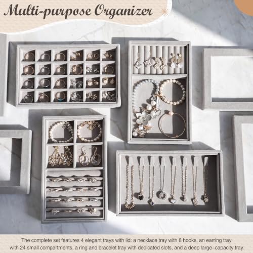 SiliFine Set of 4 Large Stackable Velvet Jewelry Trays with 4 Lids,Gray - color: Gray