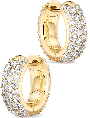 Gokeey Cubic Zirconia Hoop Earrings for Women, Sterling Silver Plated Small Huggie Hoops CZ Pave Chunky Thick Earrings Non Tarnish Hypoallergenic Lightweight Jewelry April Birthstone Gifts - color: Gold