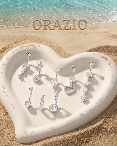 ORAZIO Gold Belly Button Ring Dangle Hypoallergenic Surgical Stainless Steel Belly Rings for Women 14G Belly Button Piercing Cute Navel Ring Belly Piercing Jewelry - color: Silver