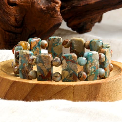 Yomisa Boho Beaded Bracelets for Women,Natural Chakra Turquoise Stone Jasper Bead Bracelet for Womens,Bohemian Handmade Stretch Beads Friendship Bracelets,Healing Trendy Western Jewelry Gifts - color: Agalmatolite