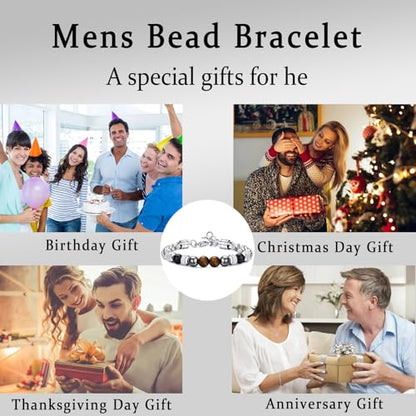 Mens Bead Bracelet Set - Adjustable Elastic Rope With 6&8MM Natural Stone Multi-Colored Beads - Tiger Eye Bracelets for Men - Gift - style: 1 Stainless steel bracelet