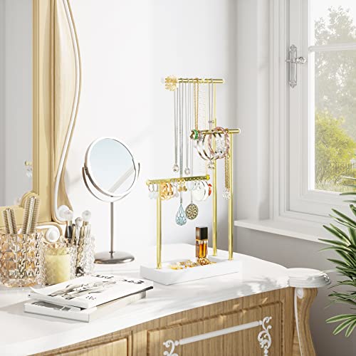 SRIWATANA Jewelry Organizer Display Extra Tall Necklace Holder 3 Tier Jewelry Tree Stand, Gift Idea (White & Gold) | Modern Luxury Jewelry Tree with Wood Base Tray; Ideal to Organize Long Necklaces, Earrings, Rings - color: White & Gold