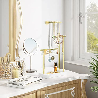 SRIWATANA Jewelry Organizer Display Extra Tall Necklace Holder 3 Tier Jewelry Tree Stand, Gift Idea (White & Gold) | Modern Luxury Jewelry Tree with Wood Base Tray; Ideal to Organize Long Necklaces, Earrings, Rings - color: White & Gold