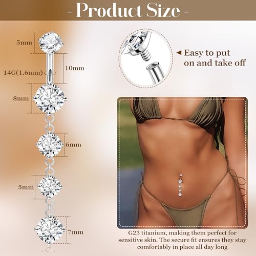 14G G23 Titanium Dangle Belly Button Ring for Women Dangling Belly Rings CZ Butterfly Teardrop Navel Rings Internally Threaded Curved Barbell Navel Piercing Jewelry - color: Silver-1