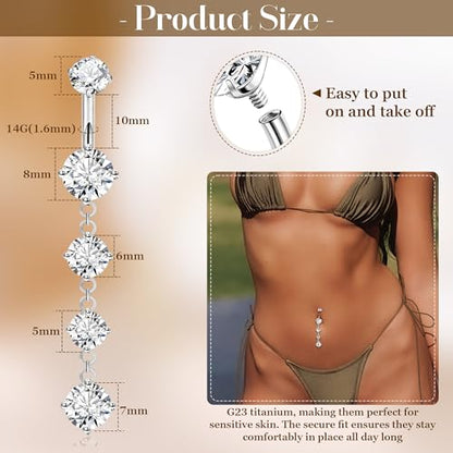 14G G23 Titanium Dangle Belly Button Ring for Women Dangling Belly Rings CZ Butterfly Teardrop Navel Rings Internally Threaded Curved Barbell Navel Piercing Jewelry - color: Silver-1