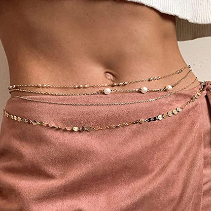 Adjustable 18k Gold Plated Waist Chain, Beach Bikini Body Chain, Handmade Boho Belly Chain - color: B. satellite in 3