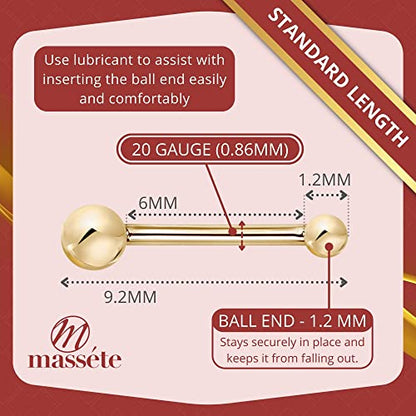 Massete 18k 14k Gold Nose Ring - 20g Nose Stud, Hypoallergenic Threadless Piercings for Women Men, Yellow White Rose Real Gold Standard or Long Nose Rings Studs, CZ or Ball Nose Piercing Jewelry - color: Simulated Diamond & Ball - 14k Yellow Gold - 2 Pack