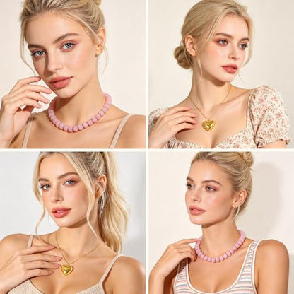 YUJIE Chunky Heart Pendant Necklace for Women- Exaggerated Statement Puff Heart Necklace with Acrylic Beaded Chain - color: B-PINK