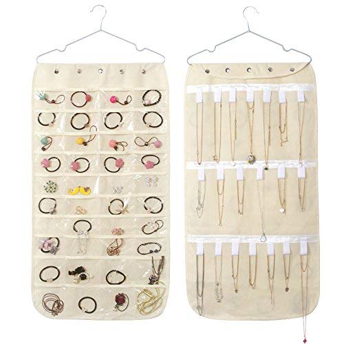 Hanging Jewelry Organizer Bag (40-Pockets) & 20 Magic Tape Hook Storage Bag Closet Storage for Portable Travel, Rings, Earrings, Necklaces, Clear PVC Plastic Windows, Roll-Up (Beige)