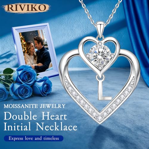 RIVIKO 1 Carat Moissanite Heart Initial Necklace for Women,Letter Pendant | 925 Sterling Silver Chain,Personalized Jewelry,Anniversary Birthday Gifts for Wife Friend Mom - color: Letter L