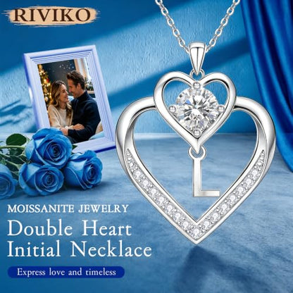 RIVIKO 1 Carat Moissanite Heart Initial Necklace for Women,Letter Pendant | 925 Sterling Silver Chain,Personalized Jewelry,Anniversary Birthday Gifts for Wife Friend Mom - color: Letter L