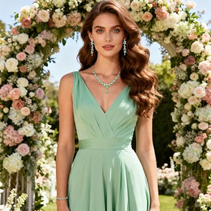 EVER FAITH Marquise Crystal Leaf Bridal Prom Jewelry Set for Women Bride | Rhinestone Wedding Party Necklace Dangle Earrings Tennis Bracelet, for Bridesmaid - color: Light Green Silver-Plated-Base