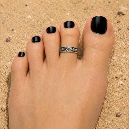 Sterling Silver Toe Ring, Adjustable Open Band, Handmade | Fits Toe, Knuckle or Pinky Ring | One Size Fits Most | Comfortable to Wear | Minimalist Style | Water Resistant - style: Floral Oxidized Band