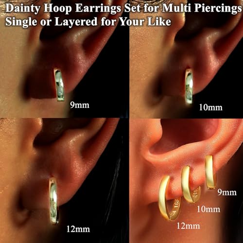 ORANGELOVE 3 Pairs 14K Gold Plated Huggie Hoop Earrings Set for Women or Men Lightweight Hypoallergenic Small Hoop Earring Pack Multiple Piercing Stacks Cartilage Piercing Jewelry - style: Gold-9/10/12mm