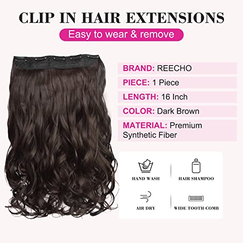 REECHO 16" 1-Pack 3/4 Full Head Curly Wavy Clips in on Synthetic Hair Extensions HE008 Hairpieces for Women 5 Clips 3.9 Oz per Piece - Dark Brown - color: Dark Brown, size: 16 Inch (Pack of 1)