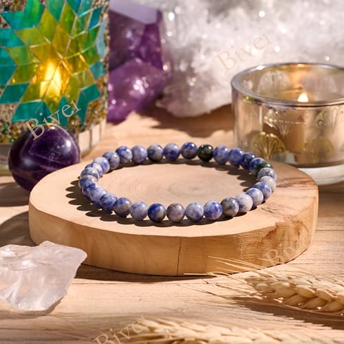 Bivei 6mm Beaded Bracelets for Women Handmade Semi Precious Natural Stone Stretch Elastic Jewelry Yoga Protection Gifts - color: Blue Spotted Jasper-Calm Flow, size: Medium 6.8-7.3 inch