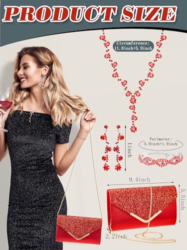 Henoyso 5 Pcs Purse Rhinestone Jewelry Set Prom Jewelry Rhinestone Clutch Purse Necklace Earrings Bracelets for Women Bride - color: Red