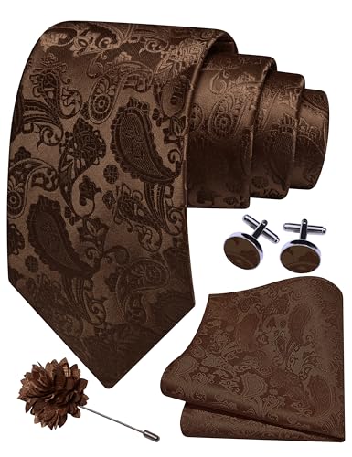 GUSLESON 3.15"（8cm） Mens Paisley Tie and Lapel Pin Necktie Hankerchief Cufflinks Set for Men - color: Dark Brown