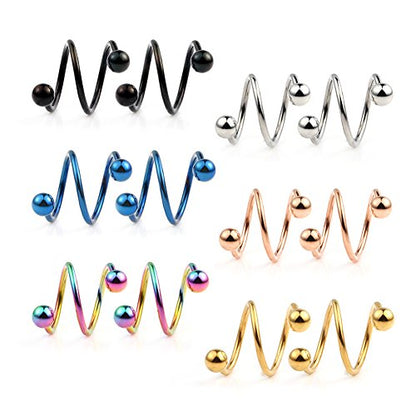 Ruifan 16G Stainless Steel Double Twist Ear Plug Earring Spiral Helix Stud Lip Ring Body Piercing Jewelry 8mm 10mm - style: 6Pairs - 10mm Mix Color
