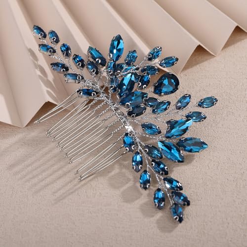 Teyglen Bridal Crystal Hair Comb Full Rhinestone Wedding Hair Comb Blue Teardrop Hair Piece for Bride Wedding Hair Accessories for Women Bridal Headpiece (Peacock blue) - color: Peacock blue