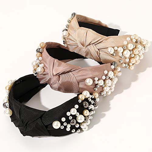 Ivyu Headbands - Knotted Pearl Diademas Para Mujer De Moda Hair Accessories Hairbands for Girls No Slip Fashion Cute Top Knot Headband Gift for Women Black Pink Gold - color: Black Pink Beige
