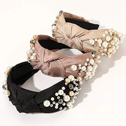 Ivyu Headbands - Knotted Pearl Diademas Para Mujer De Moda Hair Accessories Hairbands for Girls No Slip Fashion Cute Top Knot Headband Gift for Women Black Pink Gold - color: Black Pink Beige