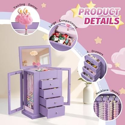 Emfogo Jewelry Box for Girls, Musical Jewelry Box with Spinning Dancer Gifts for Little Girls Christmas New Year Birthday Children's Day, 5 Layer Large Wooden Kids Music Jewelry Organizer Box(Purple) - color: Purple