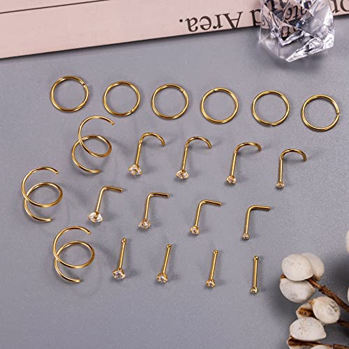21PCS 18G 20G 22G 316L Stainless Steel Nose Rings Hoop for Women Men Double Nose Ring CZ Nose Stud Piercing Jewelry - color: 18G-Gold tone