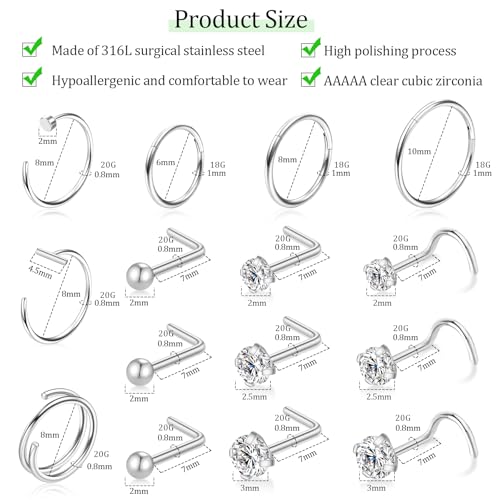 15PCS Nose Rings Studs Hoops Set - Hypoallergenic 14K Gold Plated Nose Screw Studs 316L Surgical Stainless Steel Cubic Zirconia Body Piercing Jewelry L Shape & Corkscrew Helix Cartilage Rook Earrings for Women 18G 20G