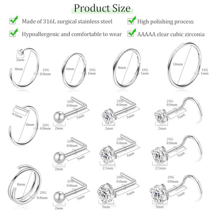 15PCS Nose Rings Studs Hoops Set - Hypoallergenic 14K Gold Plated Nose Screw Studs 316L Surgical Stainless Steel Cubic Zirconia Body Piercing Jewelry L Shape & Corkscrew Helix Cartilage Rook Earrings for Women 18G 20G