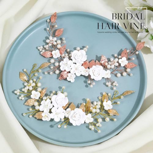 CASDRE Flower Bride Wedding Hair Vine Pearl Bridal Headpiece Leaf Hair Accessories Hair Piece for Women and Girls (C Rose Gold) - color: C Rose Gold