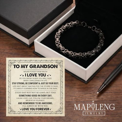Grandson Gifts from Grandma Grandpa, Black Stainless Steel Bracelet with Meaningful Message Card, Birthday Gift for Grandson, Graduation Christmas Gift, Inspirational Keepsake Jewelry for Men - color: Grandson #6