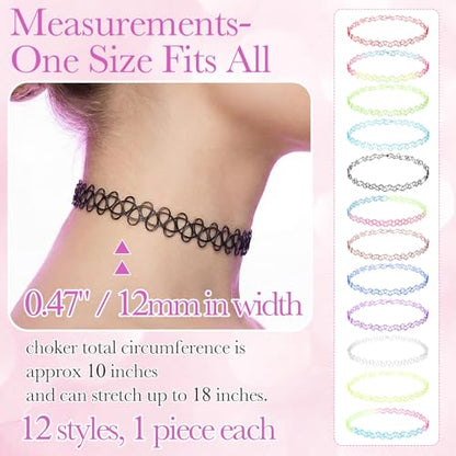 PAGOW Tattoo Choker Set, Stretchy 90s Choker Necklace, Adjustable Retro Y2K Gothic Grunge Chokers Jewelry Accessories - color: 12 Gradient Colors,12Pcs