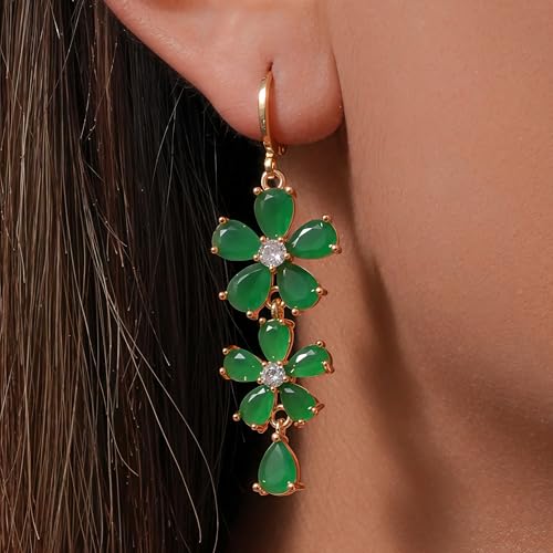 18K Gold Plated Flower Dangle Earrings for Women, Hypoallergenic Cubic Zirconia Earrings, Elegant CZ Drop Earrings, Statement Jewelry Gifts Party Fashion - style: 7098-Flower-Green