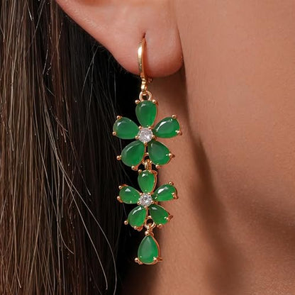 18K Gold Plated Flower Dangle Earrings for Women, Hypoallergenic Cubic Zirconia Earrings, Elegant CZ Drop Earrings, Statement Jewelry Gifts Party Fashion - style: 7098-Flower-Green