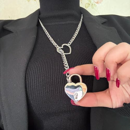 Heart O Ring Slip Chain Choker Necklace for Women Men Stainless Steel Cuban Chain Y-shape Necklaces Punk Rock Collar Adjustable Lariat Y Necklace Prom Necklaces Jewelry - color: Silver lock
