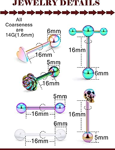 Prjndjw Jewelry, 5/8in(16mm) L, 14G Tongue Piercing Barbells Multicolor Surgical Stainless Steel Long Nipple Piercing Barbells Body Jewelry for Women - color: Rainbow